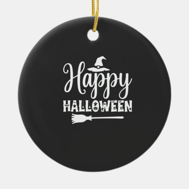 Happy Halloween Witch Hat Broom Design Ceramic Tree Decoration (Front)