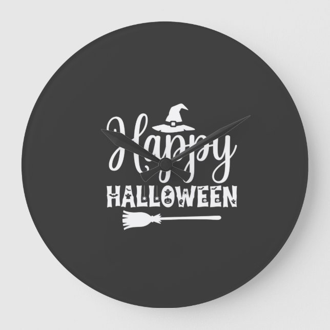 Happy Halloween Witch Hat Broom Design Large Clock (Front)