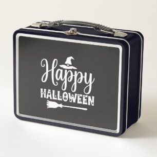 Happy Halloween Witch Hat Broom Design Metal Lunch Box