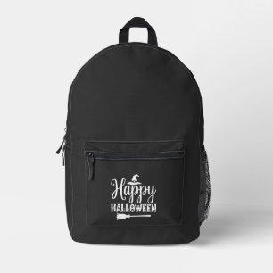 Happy Halloween Witch Hat Broom Design Printed Backpack