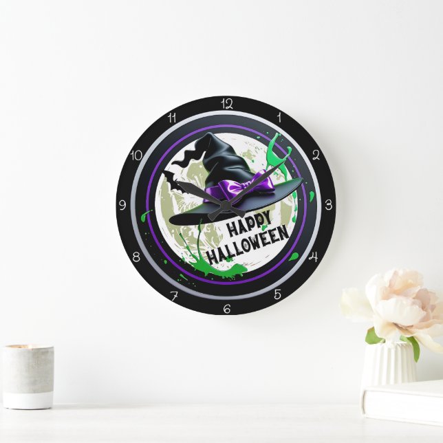 Happy Halloween Witch Hat Spatter Large Clock (Home)