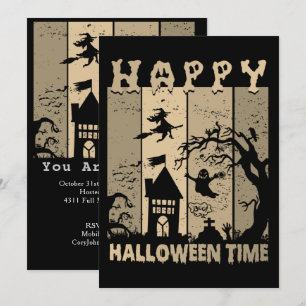 Happy Halloween Witch House Ghost Cemetery Sepia Invitation