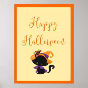 Happy Halloween Witch Kitten Orange Border Poster