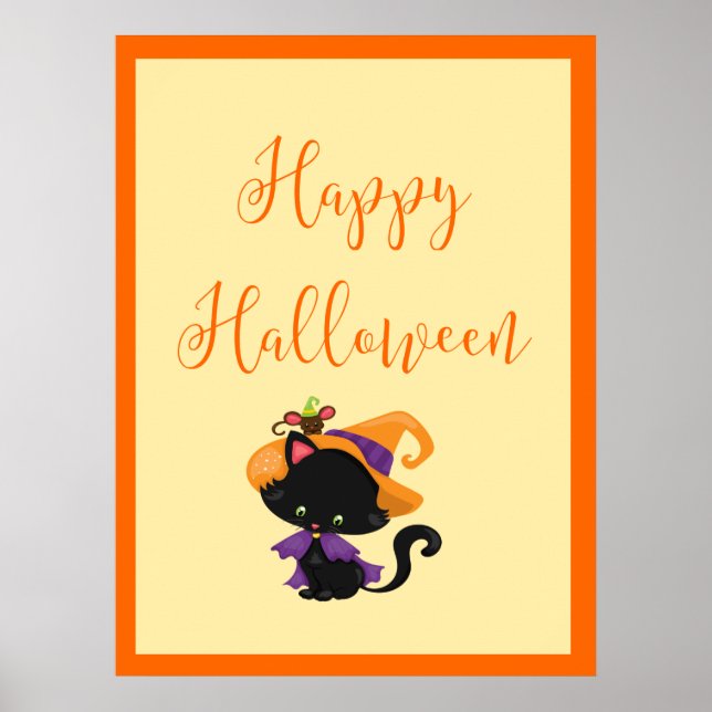 Happy Halloween Witch Kitten Orange Border  Poster (Front)