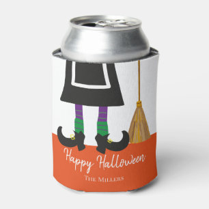Happy Halloween Witch Legs & Broom Personalised Can Cooler