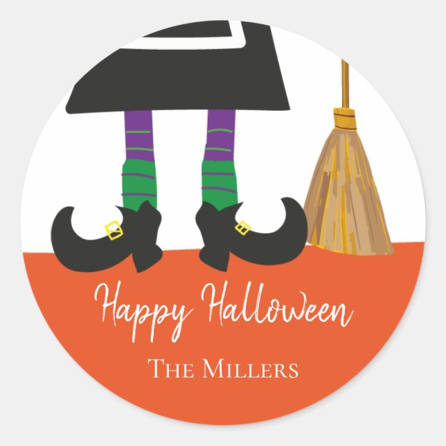 Happy Halloween Witch Legs & Broom Personalised Classic Round Sticker (Front)