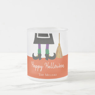 Happy Halloween Witch Legs & Broom Personalised Frosted Glass Coffee Mug