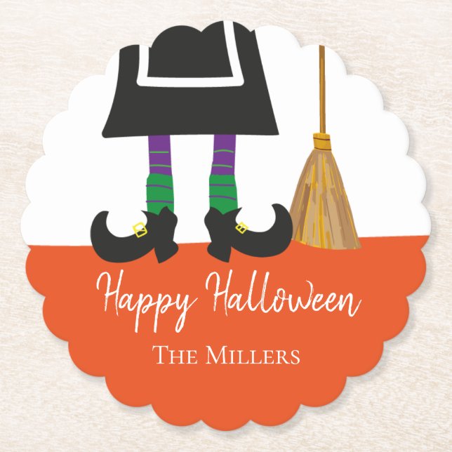 Happy Halloween Witch Legs & Broom Personalised  Paper Coaster (Front)