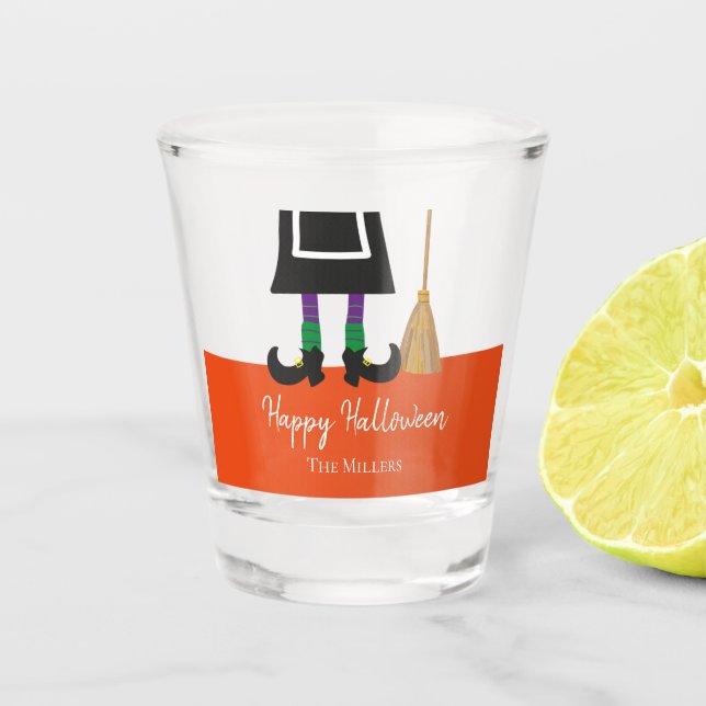Happy Halloween Witch Legs & Broom Personalised Shot Glass (Front)