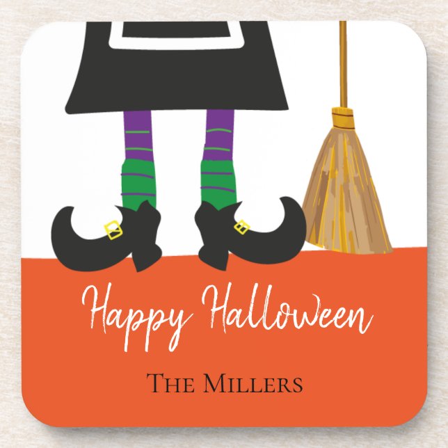 Happy Halloween Witch Legs & Broom Personalized Coaster (Front)