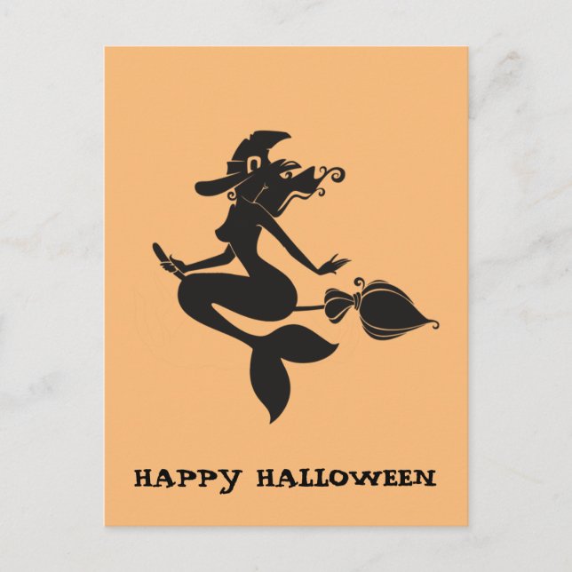 Happy Halloween Witch Mermaid on Broom Postcard (Front)