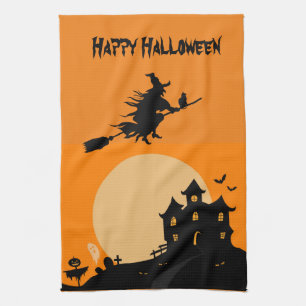 Happy Halloween Witch on a broom Tea Towel