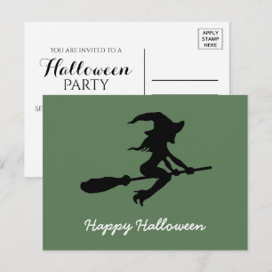 Happy Halloween, Witch On Broomstick Invitation Postcard