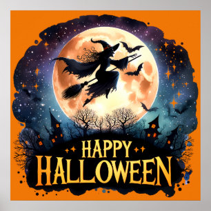 Happy Halloween - Witch on flying Broom  Poster