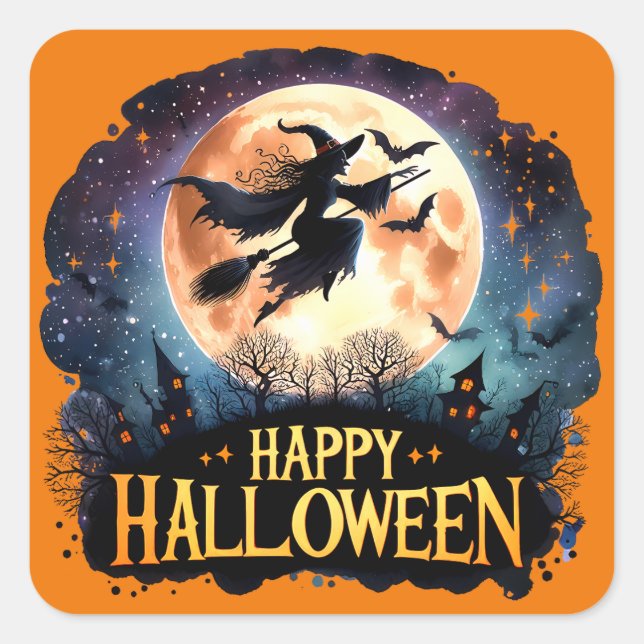 Happy Halloween - Witch on flying Broom  Square Sticker (Front)