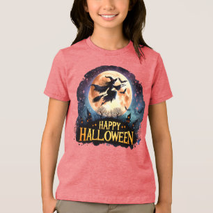Happy Halloween - Witch on flying Broom  Tri-Blend Shirt