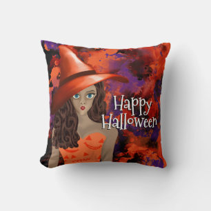 Happy Halloween Witch Orange Black Purple Abstract Cushion