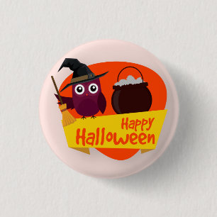 Happy Halloween Witch Owl   Pin Button