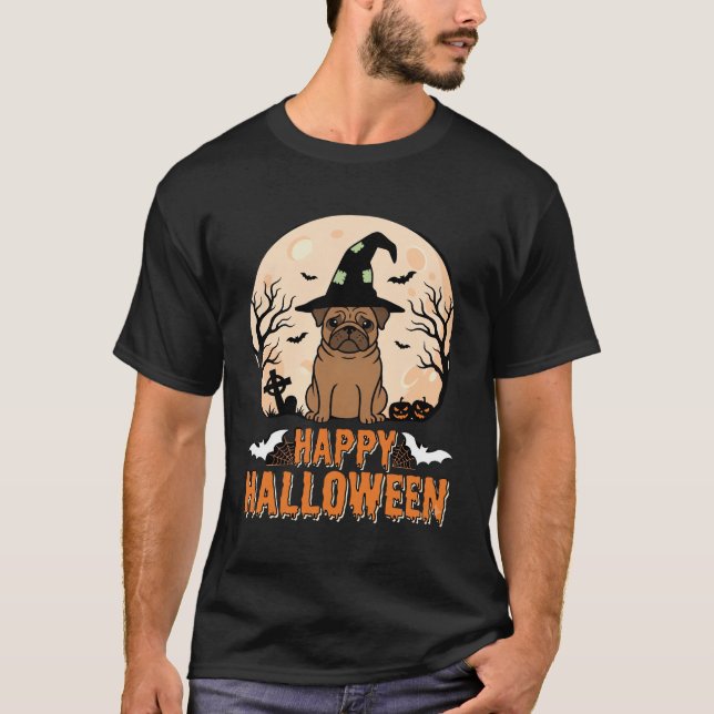 Happy Halloween Witch Pug Moonlight T-Shirt (Front)
