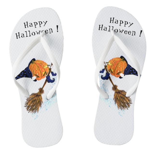 Happy Halloween Witch Pumpkin Flying Broom - Fun Flip Flops (Footbed)