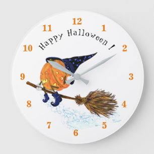 Happy Halloween Witch Pumpkin Flying Broom - Fun Large Clock