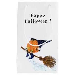 Happy Halloween Witch Pumpkin Flying Broom - Fun Small Gift Bag