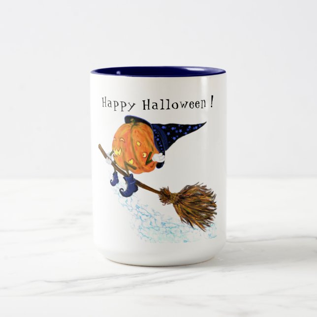 Happy Halloween Witch Pumpkin Flying Broom - Fun Two-Tone Coffee Mug (Center)