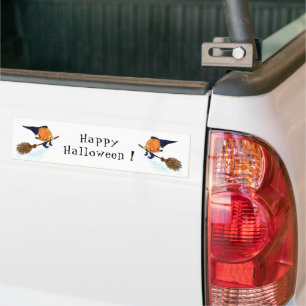 Happy Halloween Witch Pumpkin Flying Broom - Funny Bumper Sticker