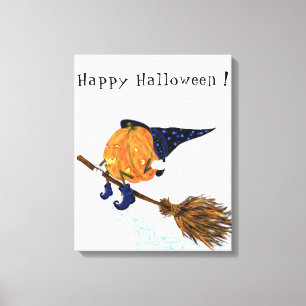 Happy Halloween Witch Pumpkin Flying Broom - Funny Canvas Print