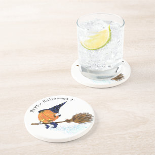 Happy Halloween Witch Pumpkin Flying Broom - Funny Coaster