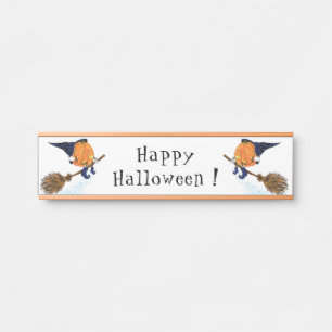Happy Halloween Witch Pumpkin Flying Broom - Funny Door Sign