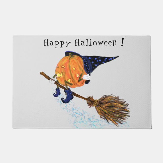 Happy Halloween Witch Pumpkin Flying Broom - Funny Doormat (Front)