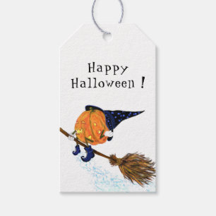 Happy Halloween Witch Pumpkin Flying Broom - Funny Gift Tags