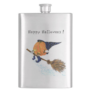 Happy Halloween Witch Pumpkin Flying Broom - Funny Hip Flask