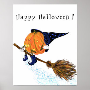 Happy Halloween Witch Pumpkin Flying Broom - Funny Poster