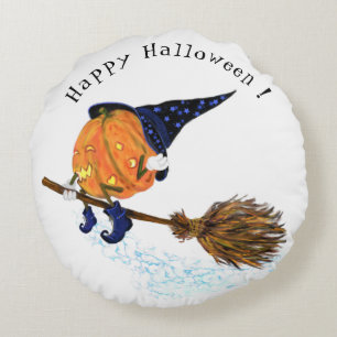 Happy Halloween Witch Pumpkin Flying Broom - Funny Round Cushion