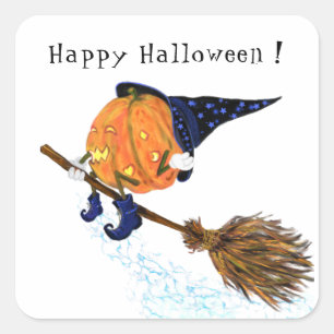 Happy Halloween Witch Pumpkin Flying Broom - Funny Square Sticker