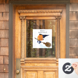 Happy Halloween Witch Pumpkin Flying Broom - Funny Window Cling