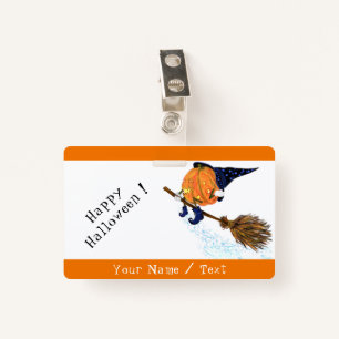 Happy Halloween Witch Pumpkin Flying - Text / Name ID Badge
