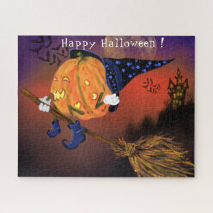 Happy Halloween Witch Pumpkin Flying with Broom Jigsaw Puzzle