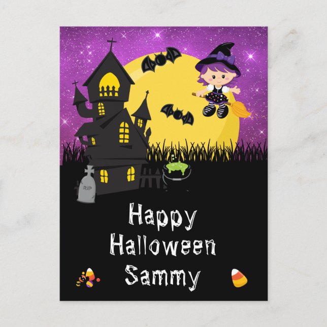 Happy Halloween Witch Purple Holiday Postcard (Front)