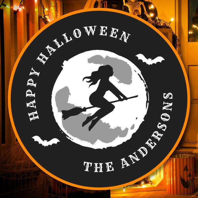 Happy Halloween Witch Riding Broom Custom Name Classic Round Sticker (Creator Uploaded)