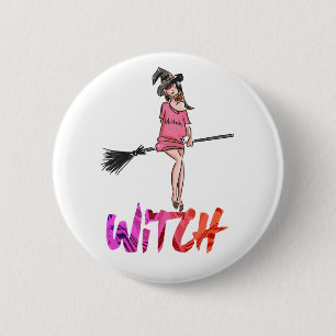 Happy Halloween Witch Setting on Broom 6 Cm Round Badge