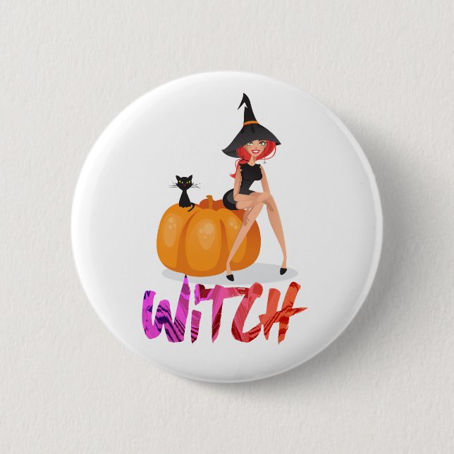 Happy Halloween Witch Setting on Pumpkin 6 Cm Round Badge (Front)