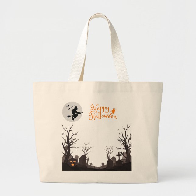 Happy Halloween Witch Silhouette Design  Large Tote Bag (Front)