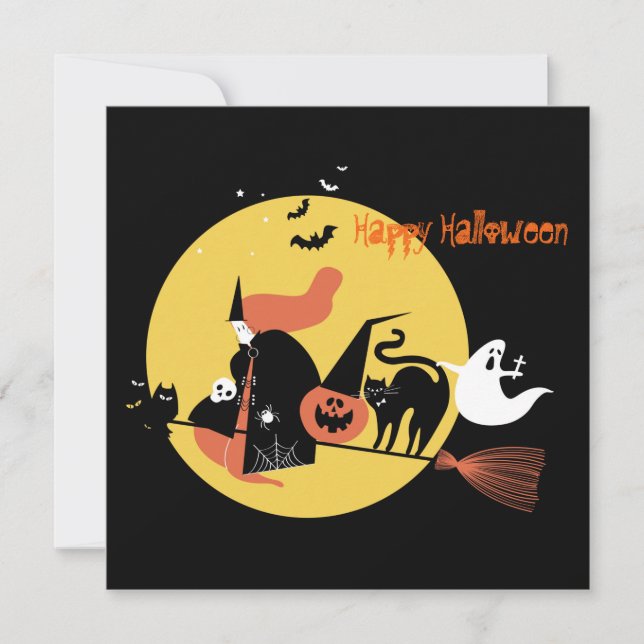 Happy Halloween Witch spooky cartoon funny Flat Holiday Card (Front)