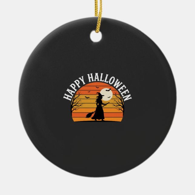 Happy Halloween Witch Sunset Design_1 Ceramic Tree Decoration (Front)