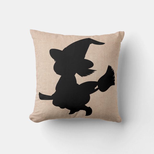 Happy Halloween Witch with Broom Burlap Cushion (Front)