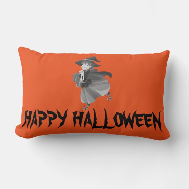 Happy Halloween Witch with her Broom Orange Throw Lumbar Cushion (Front)