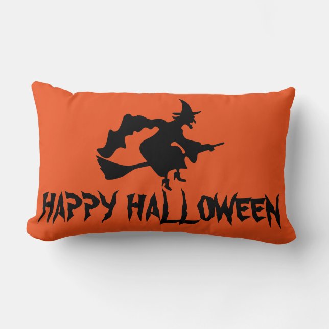 Happy Halloween Witch with her Broom Orange Throw Lumbar Cushion (Front)